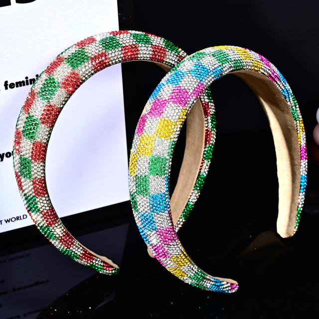 Popular colorful diamond pave setting checkered pattern padded headband