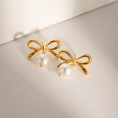 Sweet bow pearl drop stainless steel earrings finger rings set