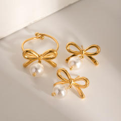 Sweet bow pearl drop stainless steel earrings finger rings set