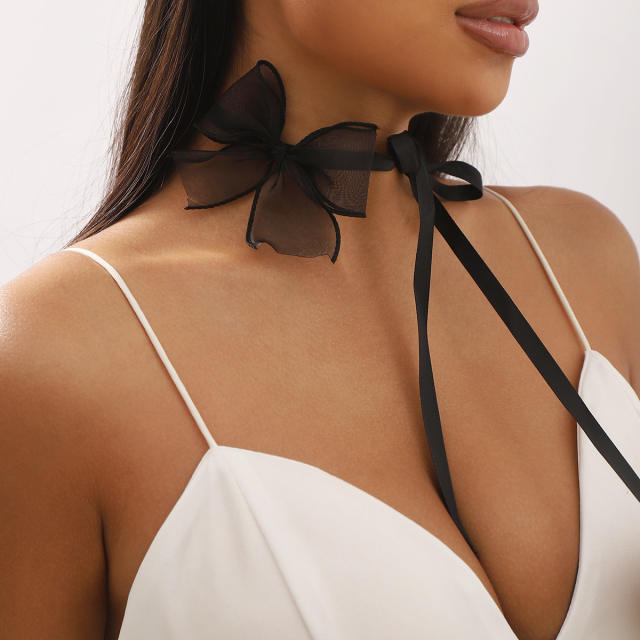Elegant fabric butterfly strappy choker necklace