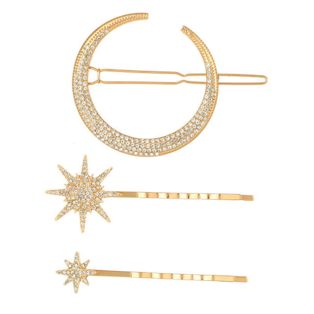 INS diamond snowflake moon star gold color bobby pins set