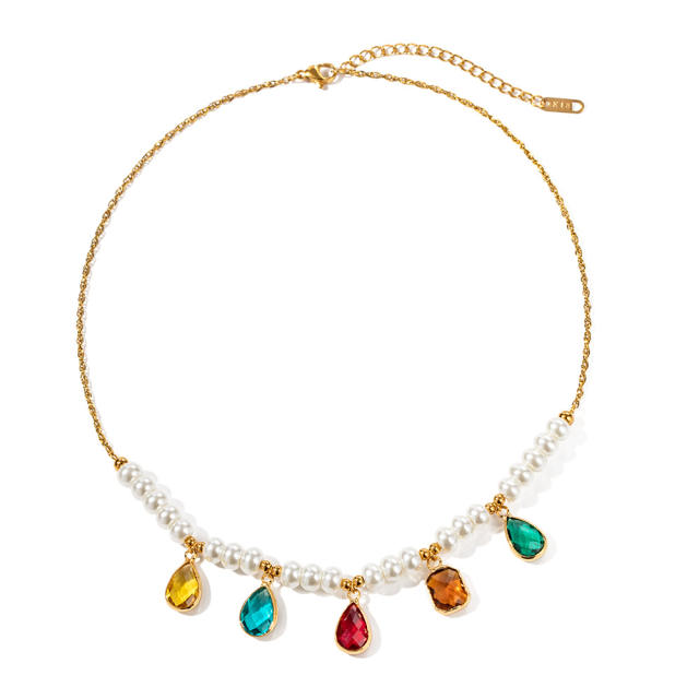 French trend colorful drop cubic zircon pearl beaded necklace