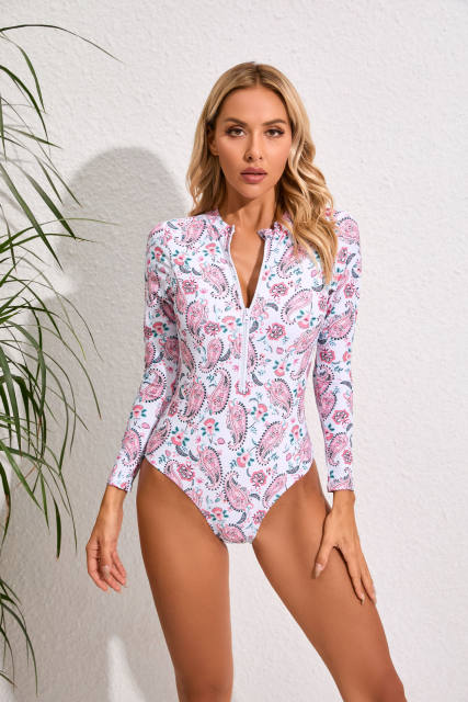 Floral pattern long sleeve one piece swimsuit surfing swimsuit