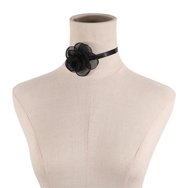 Vintage fabric flower black ribbon strappy choker necklace