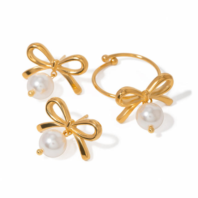 Sweet bow pearl drop stainless steel earrings finger rings set