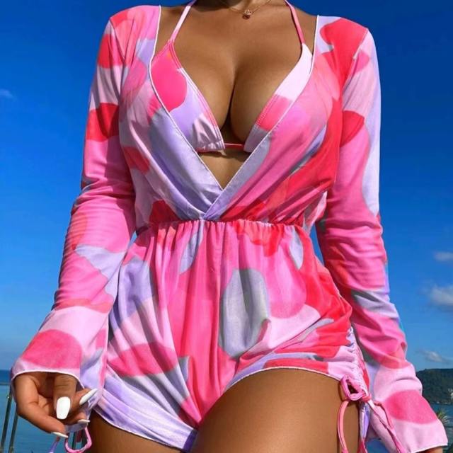 3pcs colorful pattern sexy bikini and beach cover set