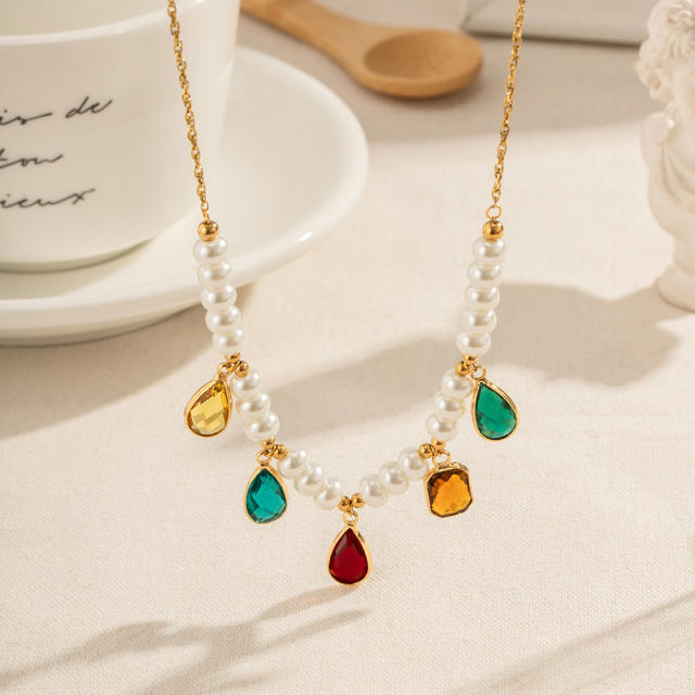 French trend colorful drop cubic zircon pearl beaded necklace