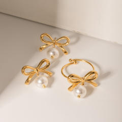 Sweet bow pearl drop stainless steel earrings finger rings set