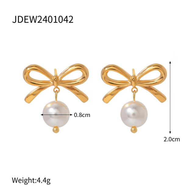 Sweet bow pearl drop stainless steel earrings finger rings set