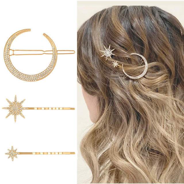 INS diamond snowflake moon star gold color bobby pins set