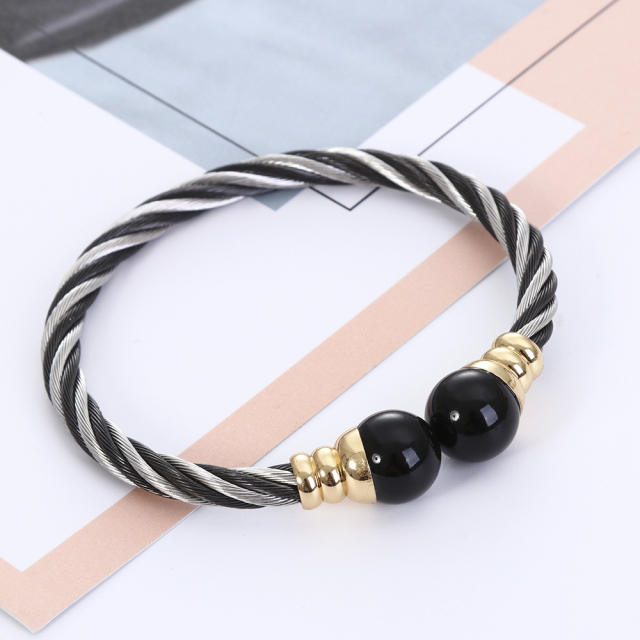 Korean fashion Cable design pearl bead stainless steel bangle rings set