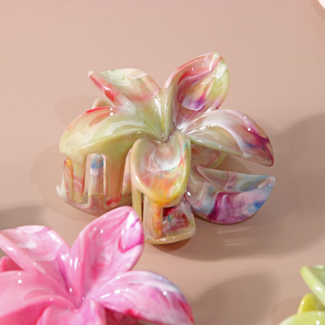 8CM Colored marble pattern summer plumeria flower hair claw clips