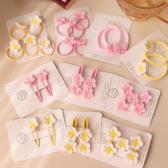 Spring summer plumeria flower hair clips hair ties collection for kids