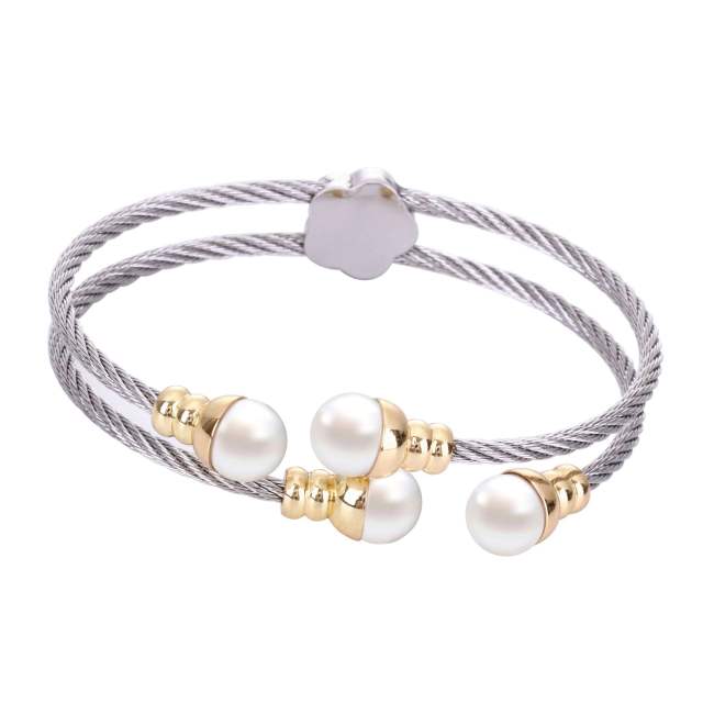 Korean fashion pearl bead two layer cable design stainless steel bangle