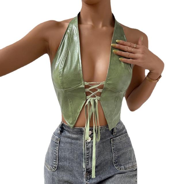 Spring summer green color halter neck sexy cropped tops