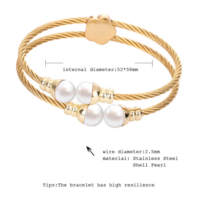 Korean fashion pearl bead two layer cable design stainless steel bangle