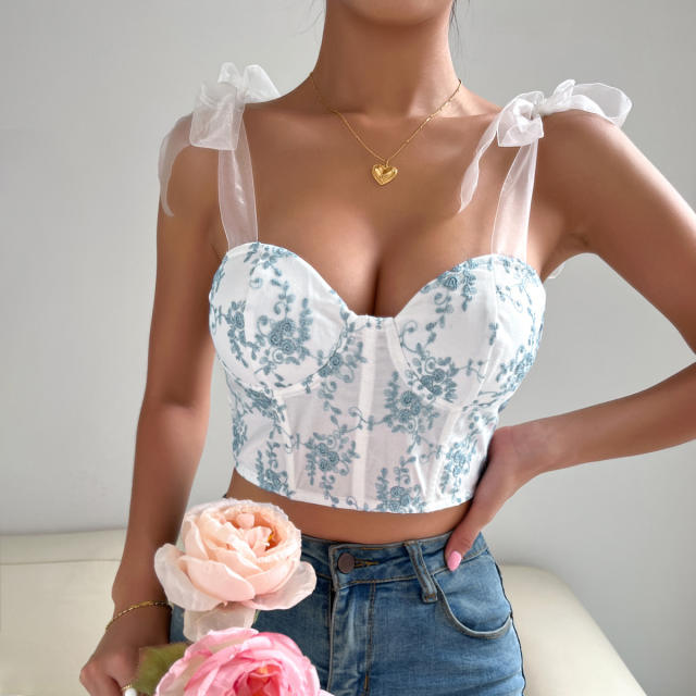 Spring summer fresh blue color flower corset women tops