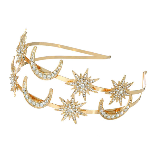 Baroque gold color diamond star moon sun goddess headband