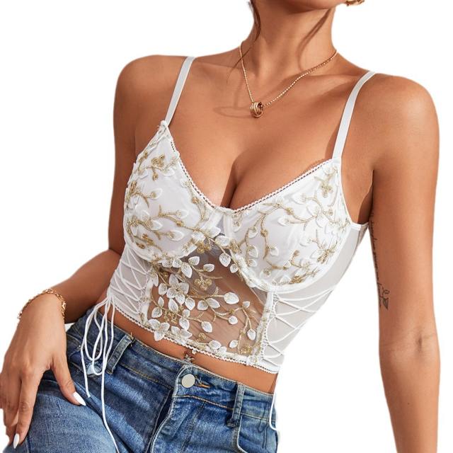 Spring summer sexy flower embroidery strappy slip tops