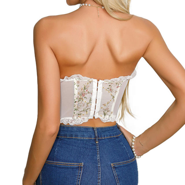 French trend sweet lace flower embroidery off shoulder corset tops
