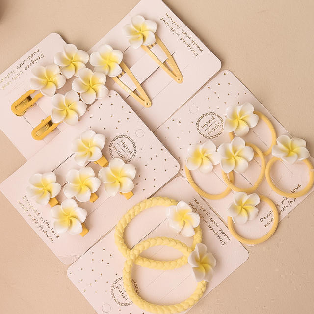 Spring summer plumeria flower hair clips hair ties collection for kids