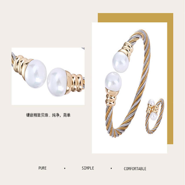 Korean fashion Cable design pearl bead stainless steel bangle rings set