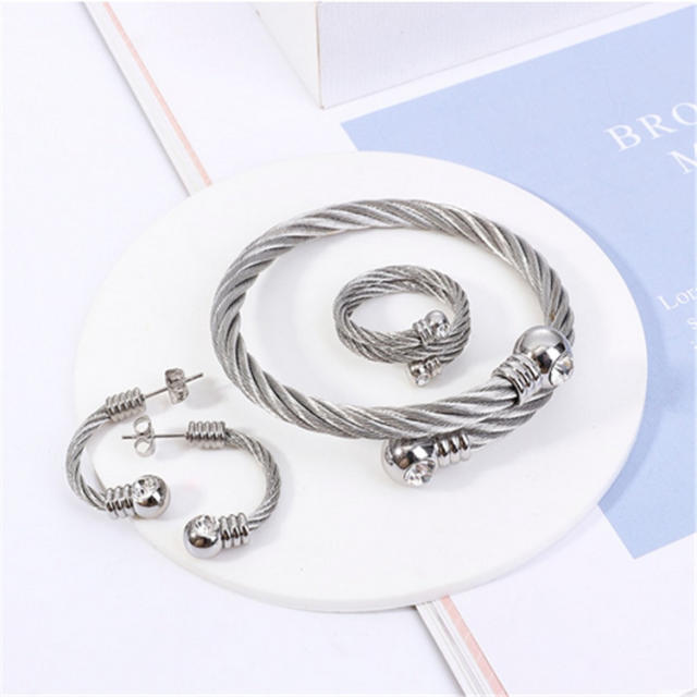 Creative diamond cable design stainless steel bangle rings earrings set