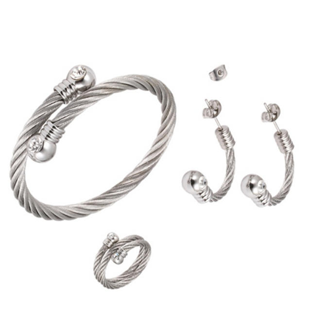 Creative diamond cable design stainless steel bangle rings earrings set