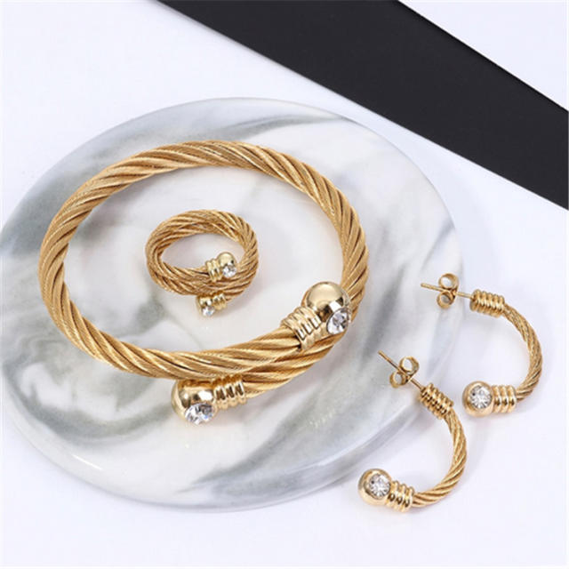 Creative diamond cable design stainless steel bangle rings earrings set