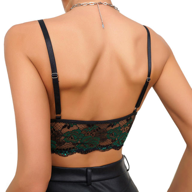 Sexy V neck black color green flower embroidery cropped tops