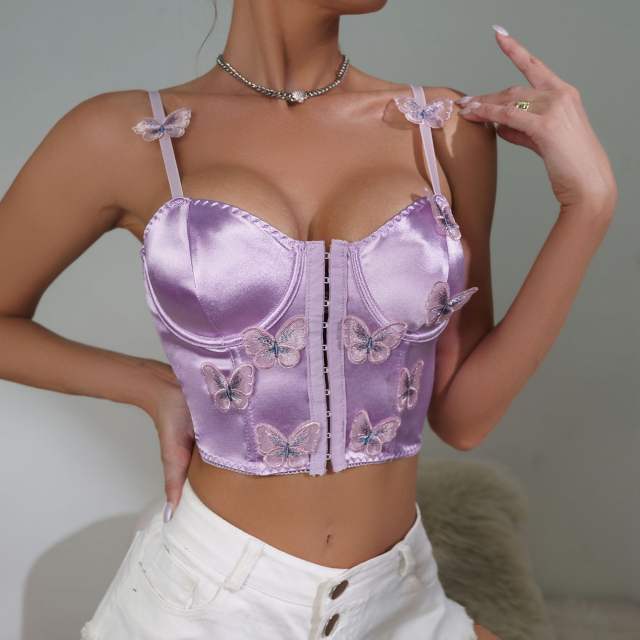 Sexy purple color satin butterfly corset tops for women