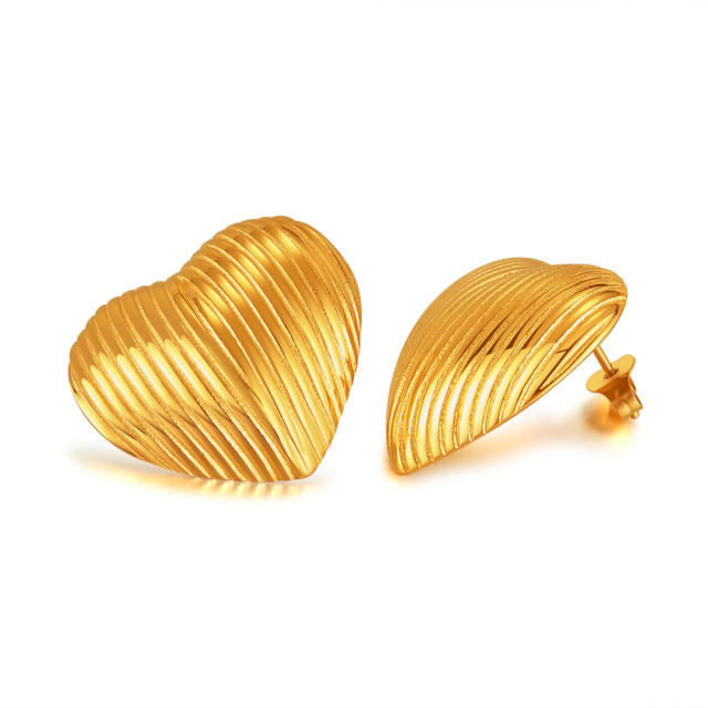 Chunky striped pattern heart stainless steel studs earrings