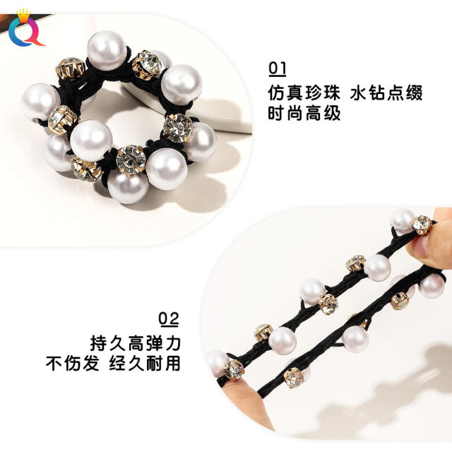 Koraen fashion rhinestone pearl bead elegant high elastic women hair ties thick hair hair ties