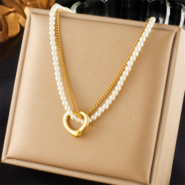 Korean fashion two layer pearl bead chain hollow heart stainless steel necklace