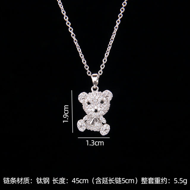 Cute diamond pearl bead bear pendant stainless steel chain necklace