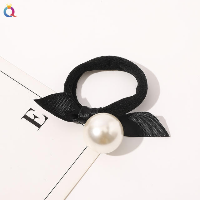 Elegant Houndstooth bow pearl bead women hair ties