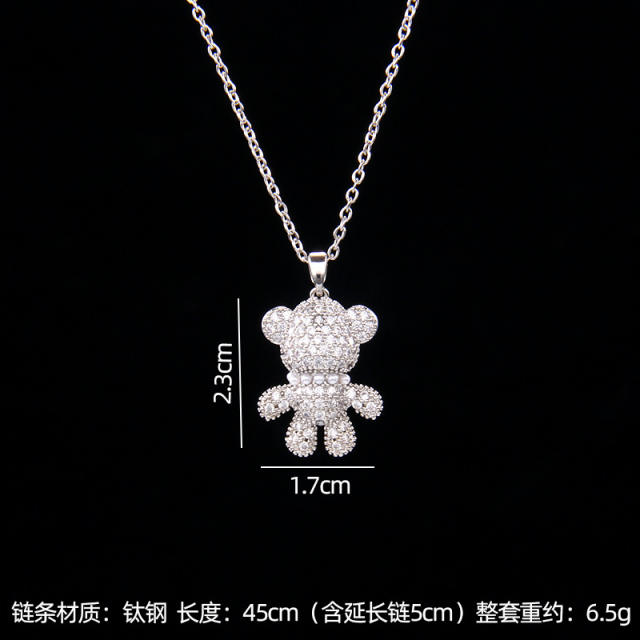 Cute diamond pearl bead bear pendant stainless steel chain necklace