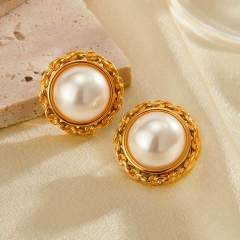 Vintage channel design pearl stainless steel studs earrings