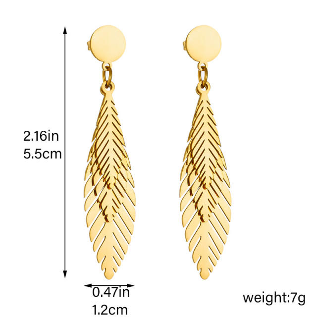Natural feather design stainless steel dangle earrings