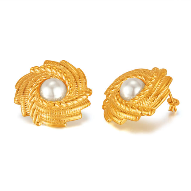Hot sale chunky pearl flower stainless steel studs earrings vintage