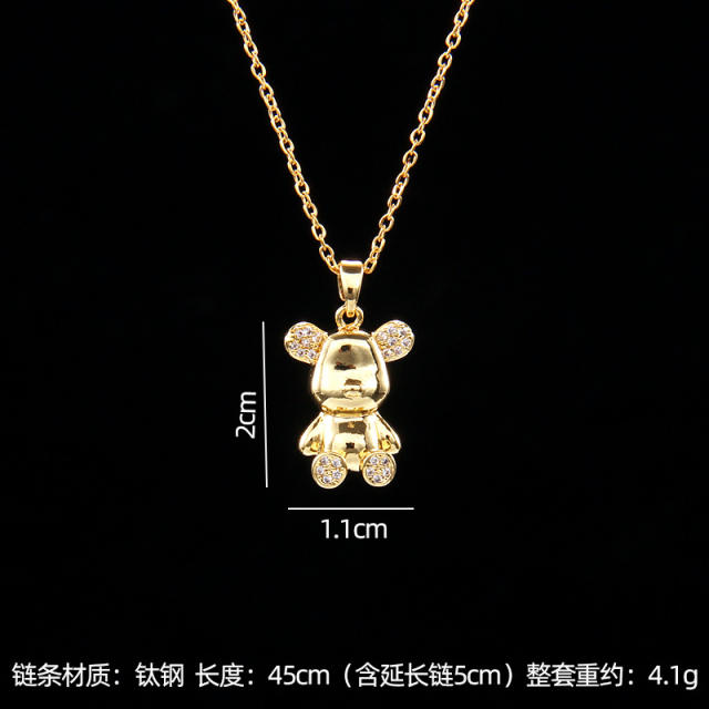 Cute diamond pearl bead bear pendant stainless steel chain necklace