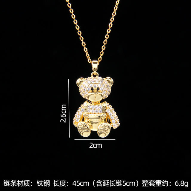 Cute diamond pearl bead bear pendant stainless steel chain necklace