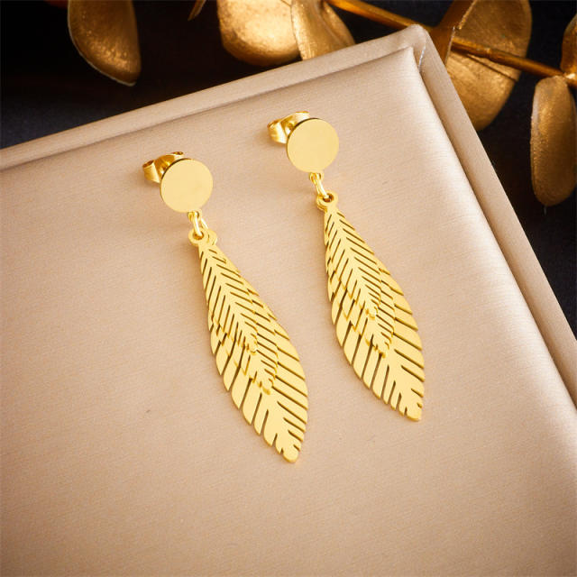 Natural feather design stainless steel dangle earrings