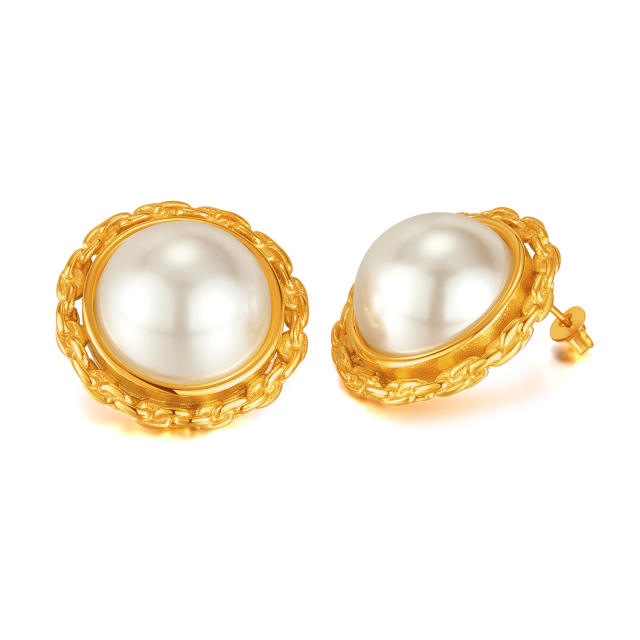 Vintage channel design pearl stainless steel studs earrings