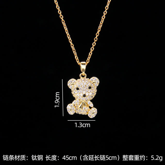 Cute diamond pearl bead bear pendant stainless steel chain necklace