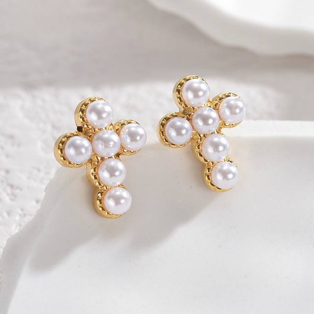 Delicate pearl diamond cross stainless steel studs earrings