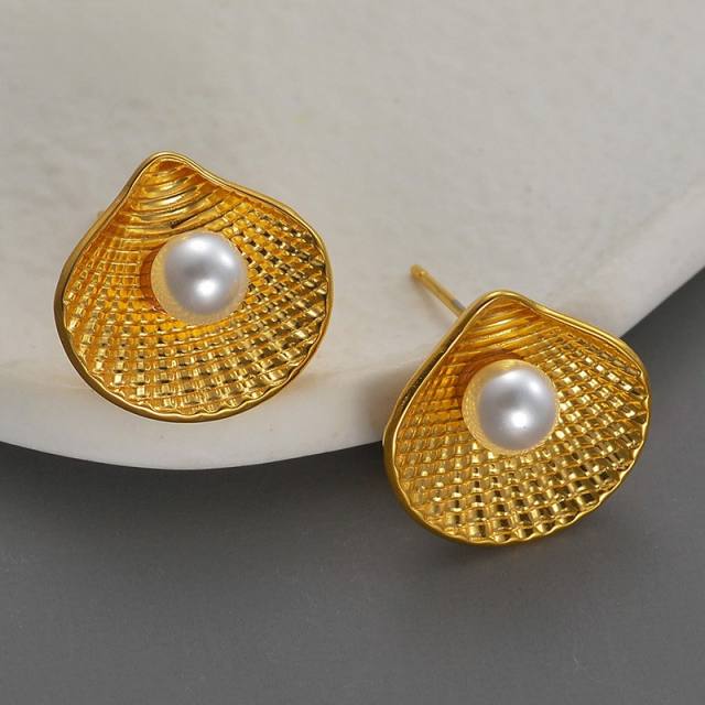 Summer ocean series pearl bead shell stainless steel earrings