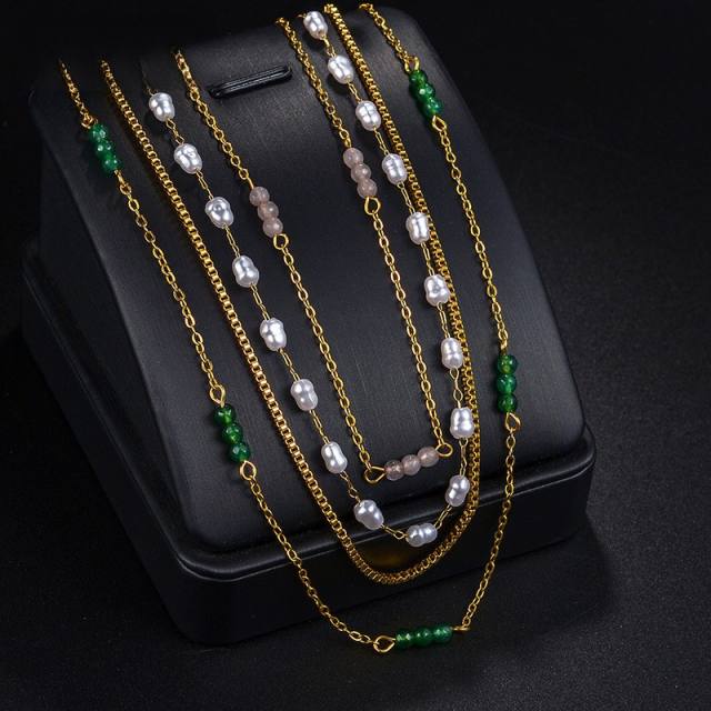 Boho chic pearl bead green color beaded stainless steel necklace collection layer necklace