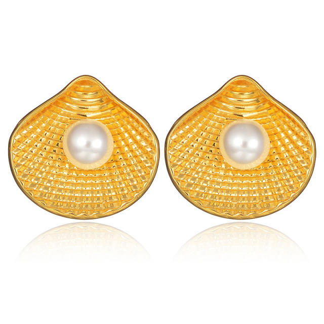 Summer ocean series pearl bead shell stainless steel earrings