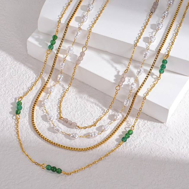 Boho chic pearl bead green color beaded stainless steel necklace collection layer necklace